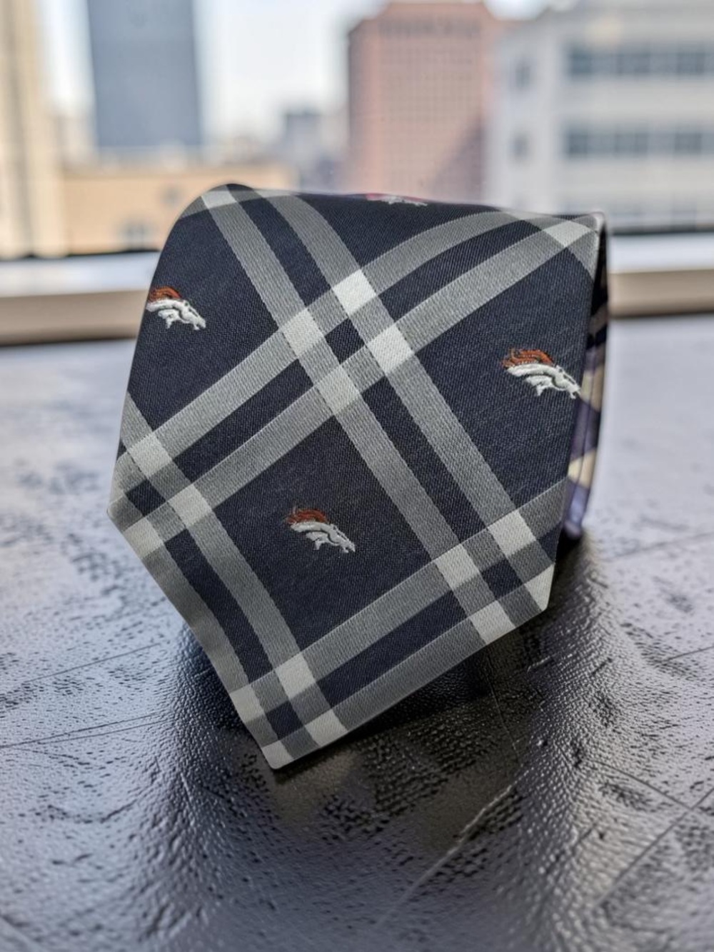 NFL Denver Broncos Men’s Tie Navy Gray Plaid Logo 57” x 3.5”